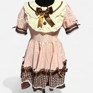 Kawaii Pink and Brown Polka Dot Lolita Dress With Detachable Bow